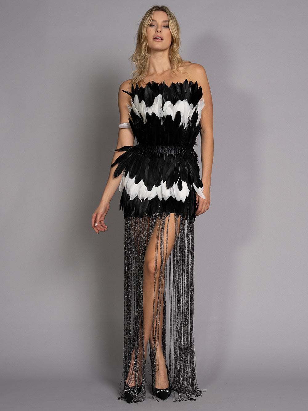 Strapless Layered Feather Mini Skirt Floor Length Fringe Hem Dress 3