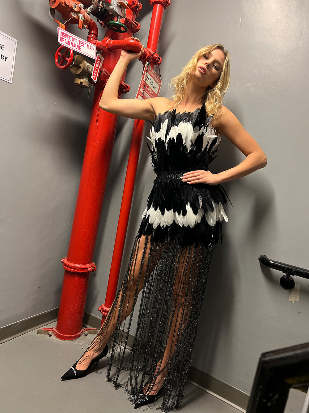Strapless Layered Feather Mini Skirt Floor Length Fringe Hem Dress 16