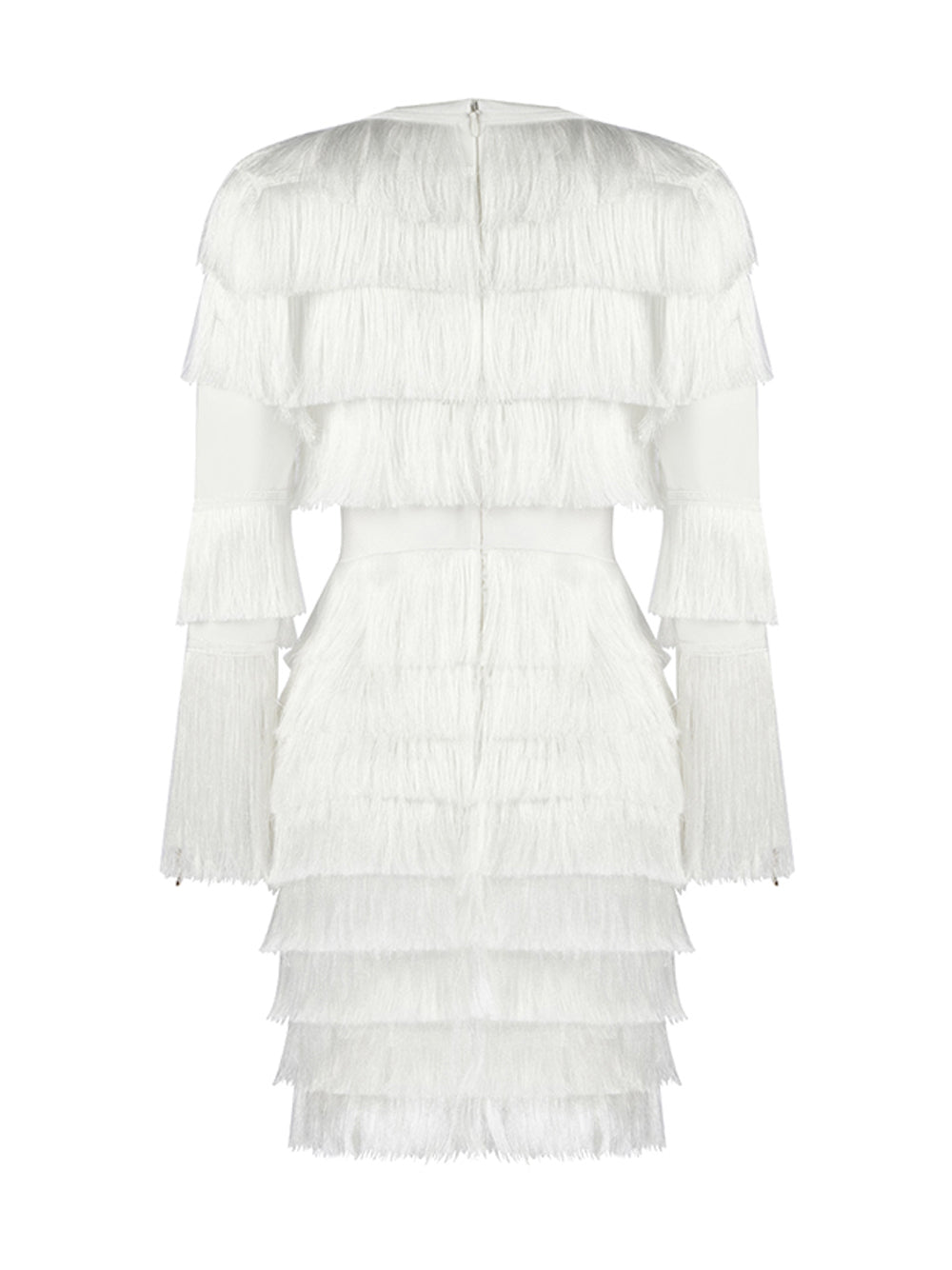 Deep V Neck Tiered Fringe Zip Detail Long Sleeve Mini Dress 11