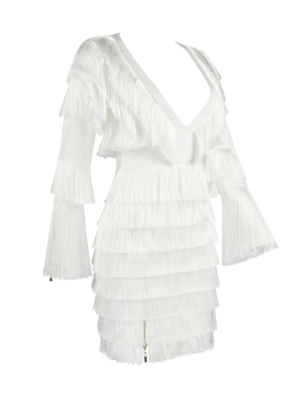Deep V Neck Tiered Fringe Zip Detail Long Sleeve Mini Dress 12