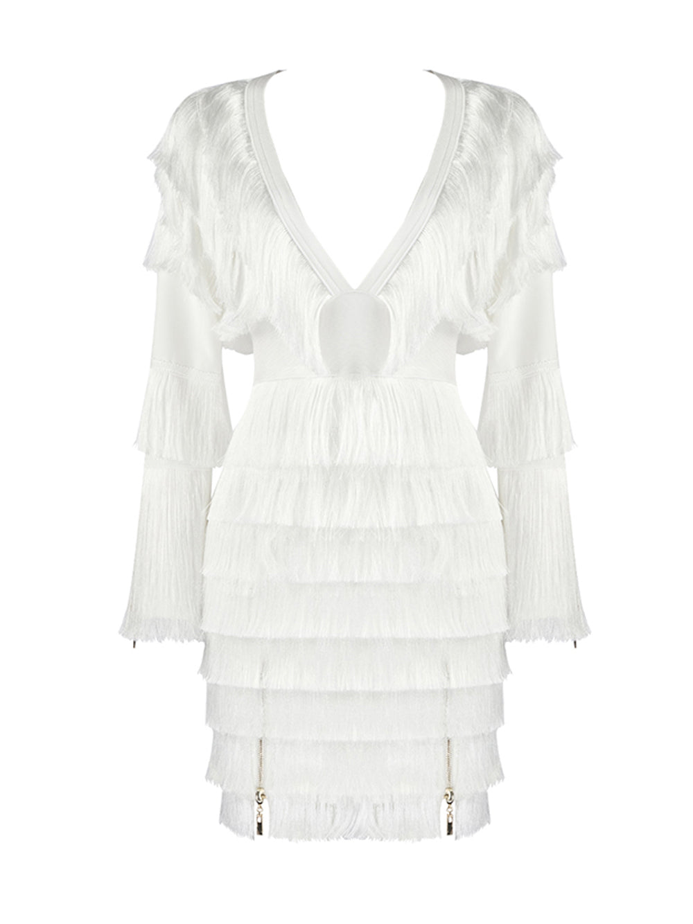 Deep V Neck Tiered Fringe Zip Detail Long Sleeve Mini Dress 10