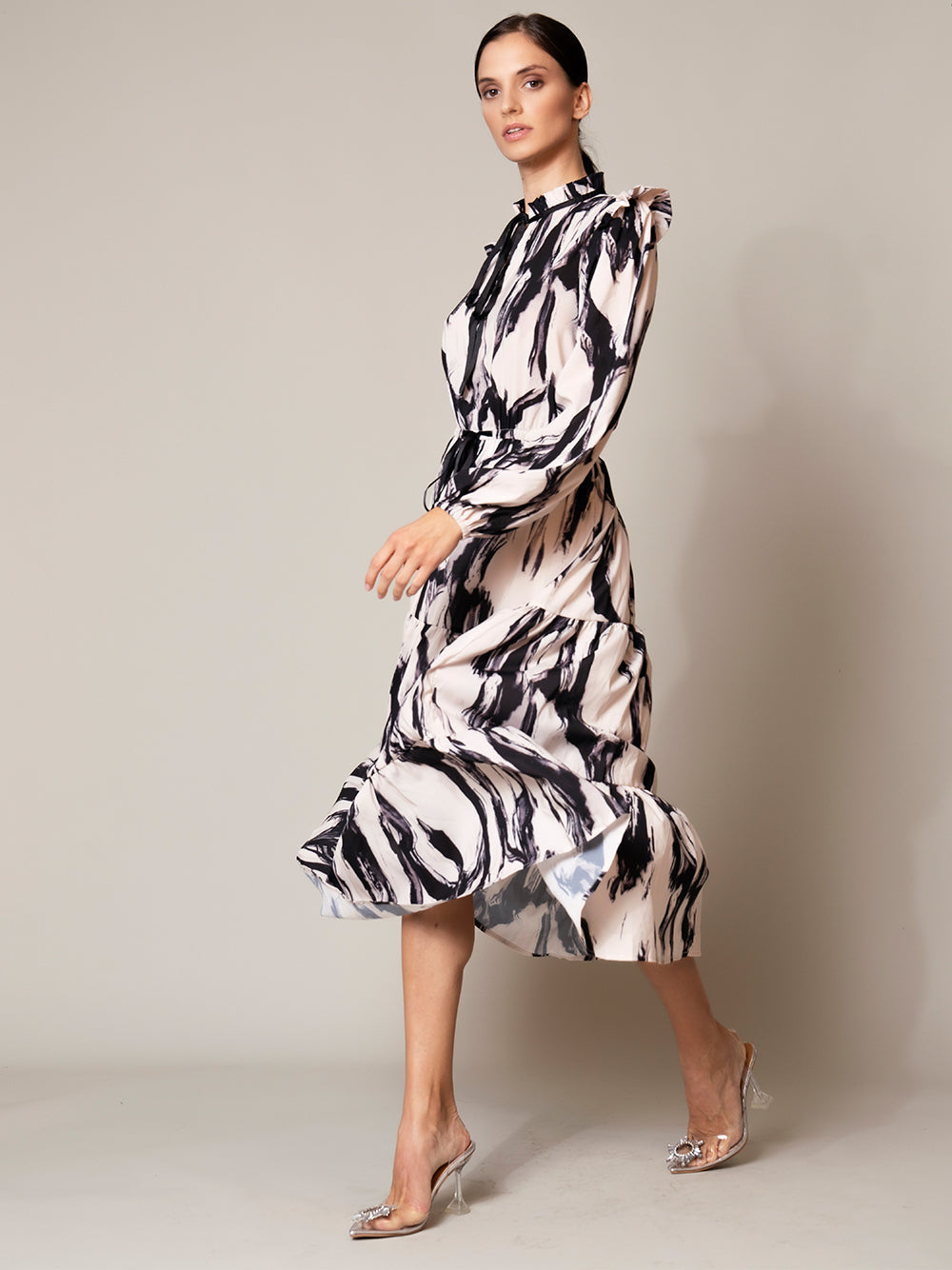 Ruffle Collar Long Sleeve Brushstroke Print Tiered Midi Dress 3