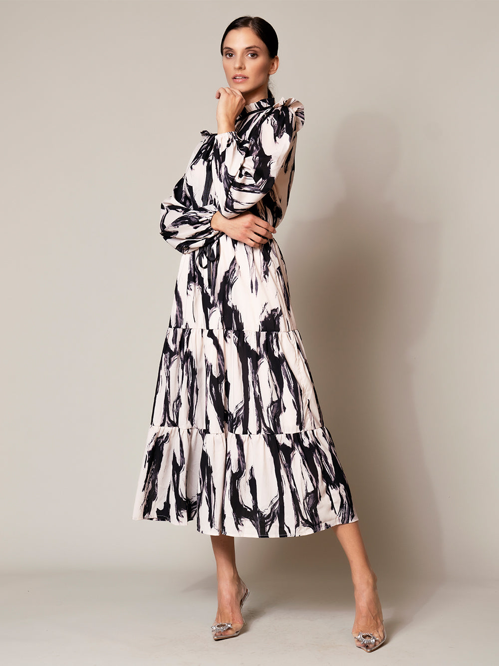 Ruffle Collar Long Sleeve Brushstroke Print Tiered Midi Dress
