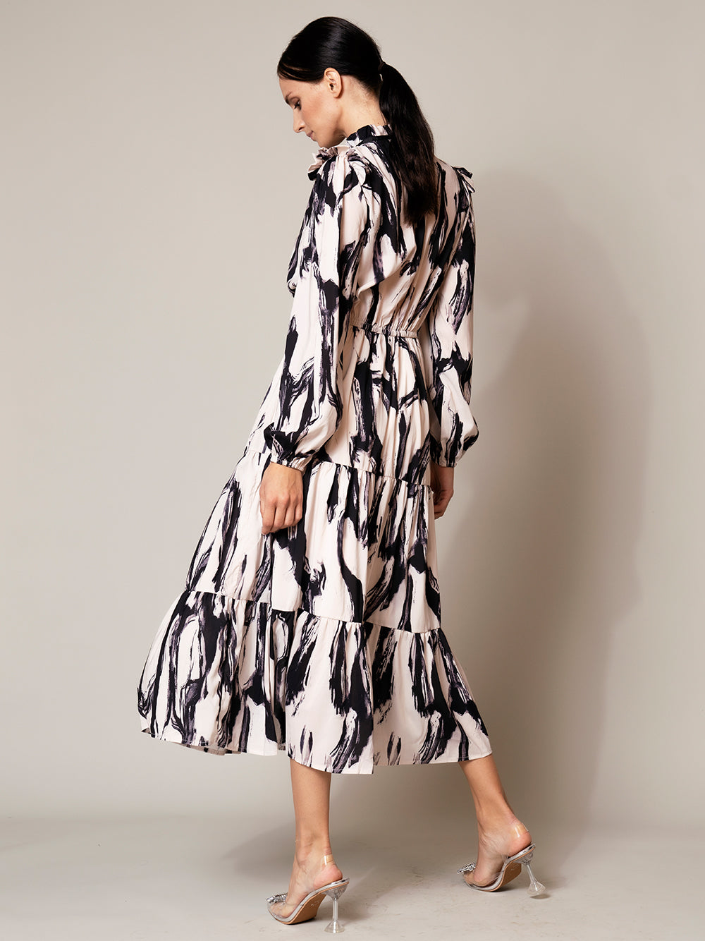 Ruffle Collar Long Sleeve Brushstroke Print Tiered Midi Dress 2