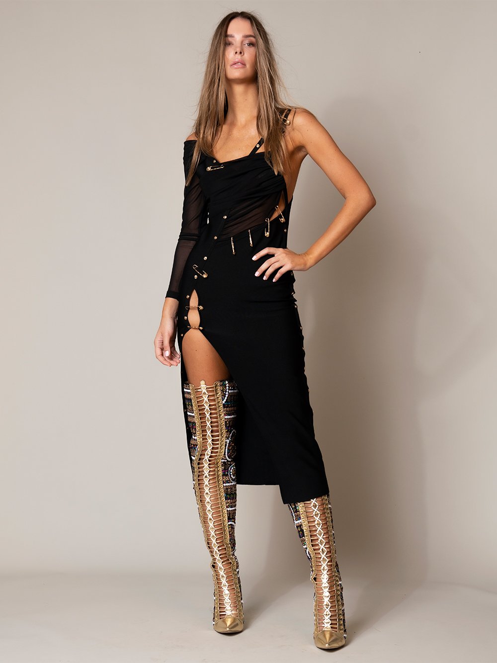 One Shoulder Ruched Cutout Side Slit Satin Maxi Dress 2 8