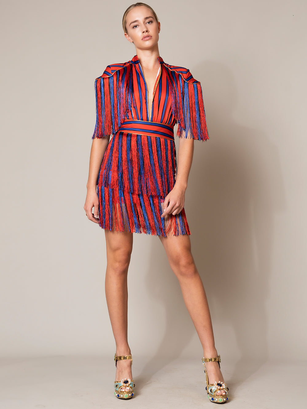 Mandarin Collar Epaulette Fringe Tiered Stripe Shag Mini Dress