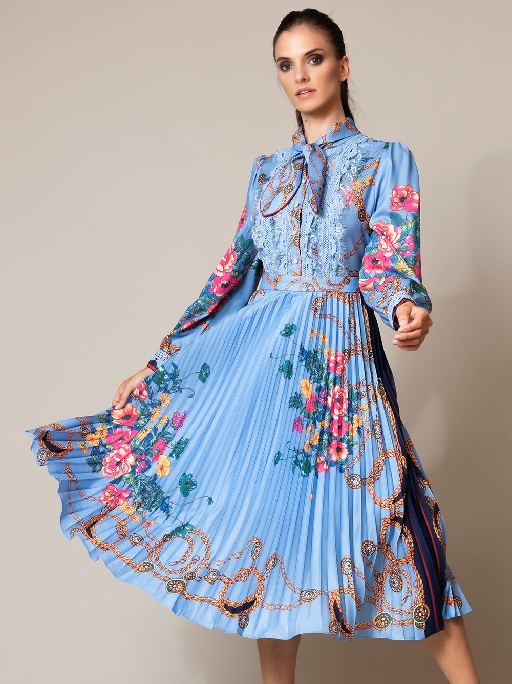 Bow Neck Lace Pearl Trim Accordion Pleat Chain Floral Maxi Dress 5