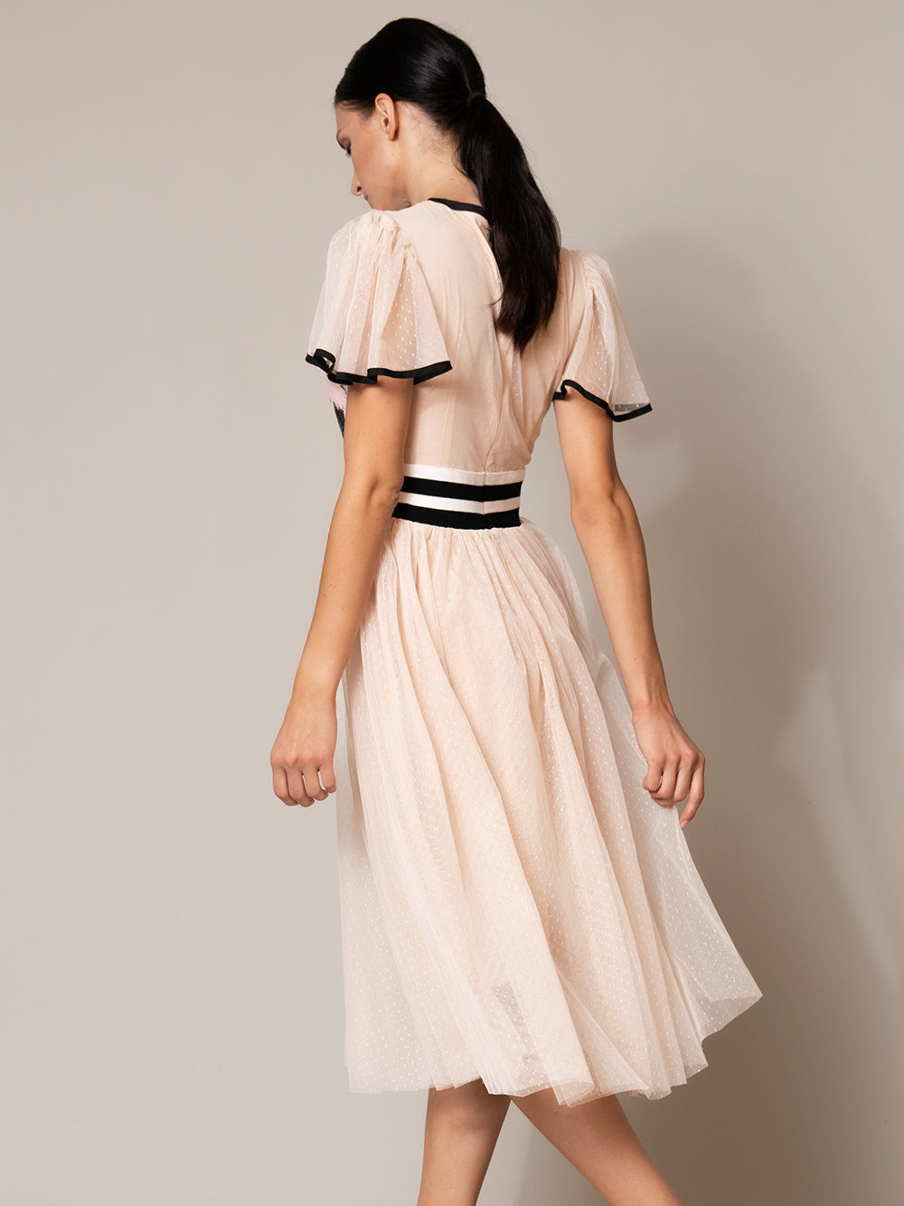 Round Neck Flutter Sleeve Stripe Waistband Floral Tulle Midi Dress 6