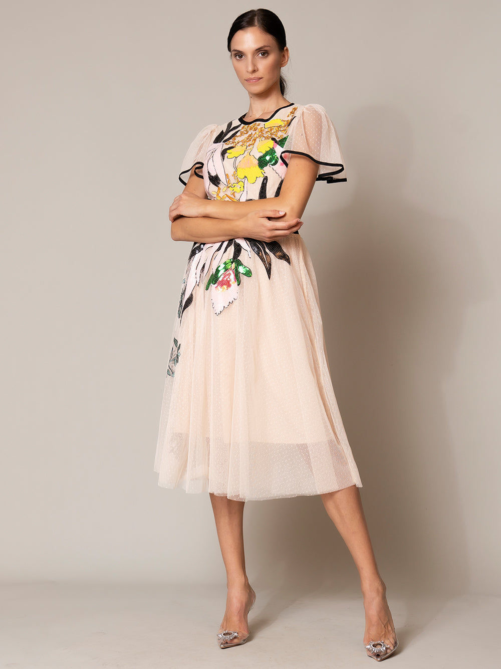 Round Neck Flutter Sleeve Stripe Waistband Floral Tulle Midi Dress 5