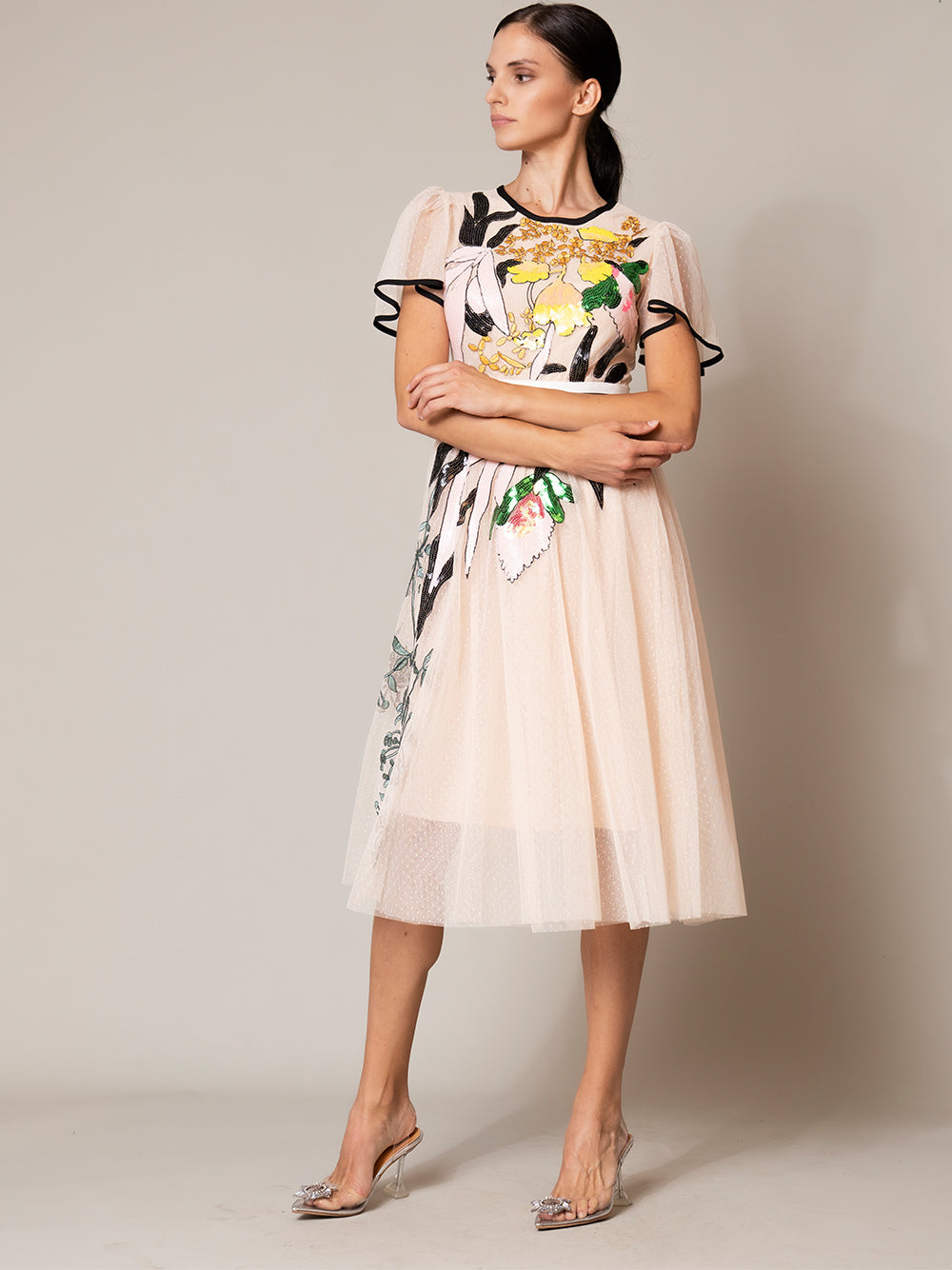Round Neck Flutter Sleeve Stripe Waistband Floral Tulle Midi Dress 4