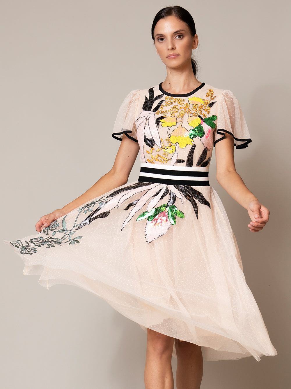 Round Neck Flutter Sleeve Stripe Waistband Floral Tulle Midi Dress 2