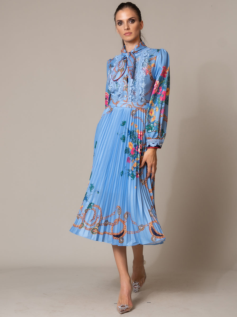 Bow Neck Lace Pearl Trim Accordion Pleat Chain Floral Maxi Dress 6