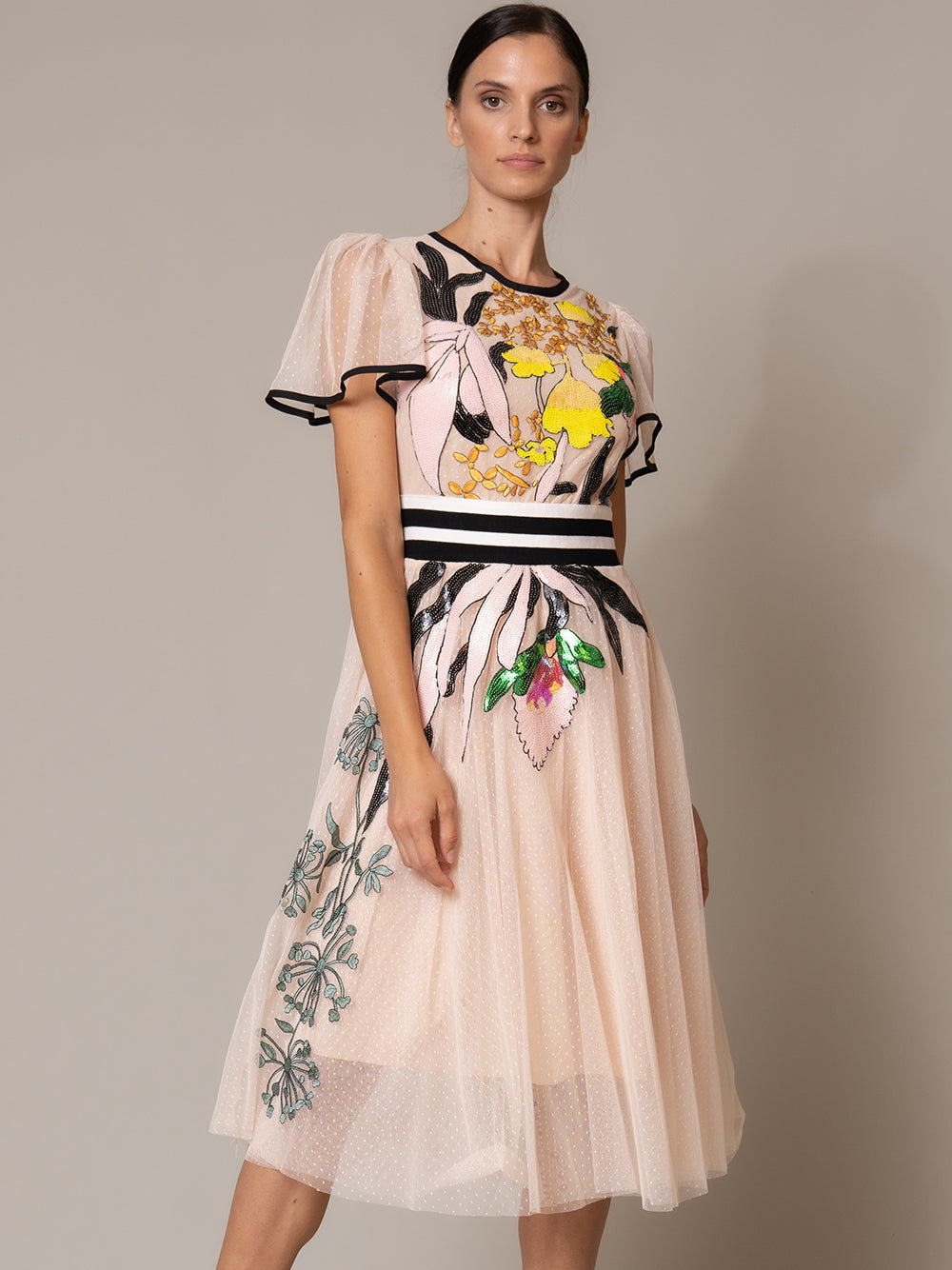 Round Neck Flutter Sleeve Stripe Waistband Floral Tulle Midi Dress 7