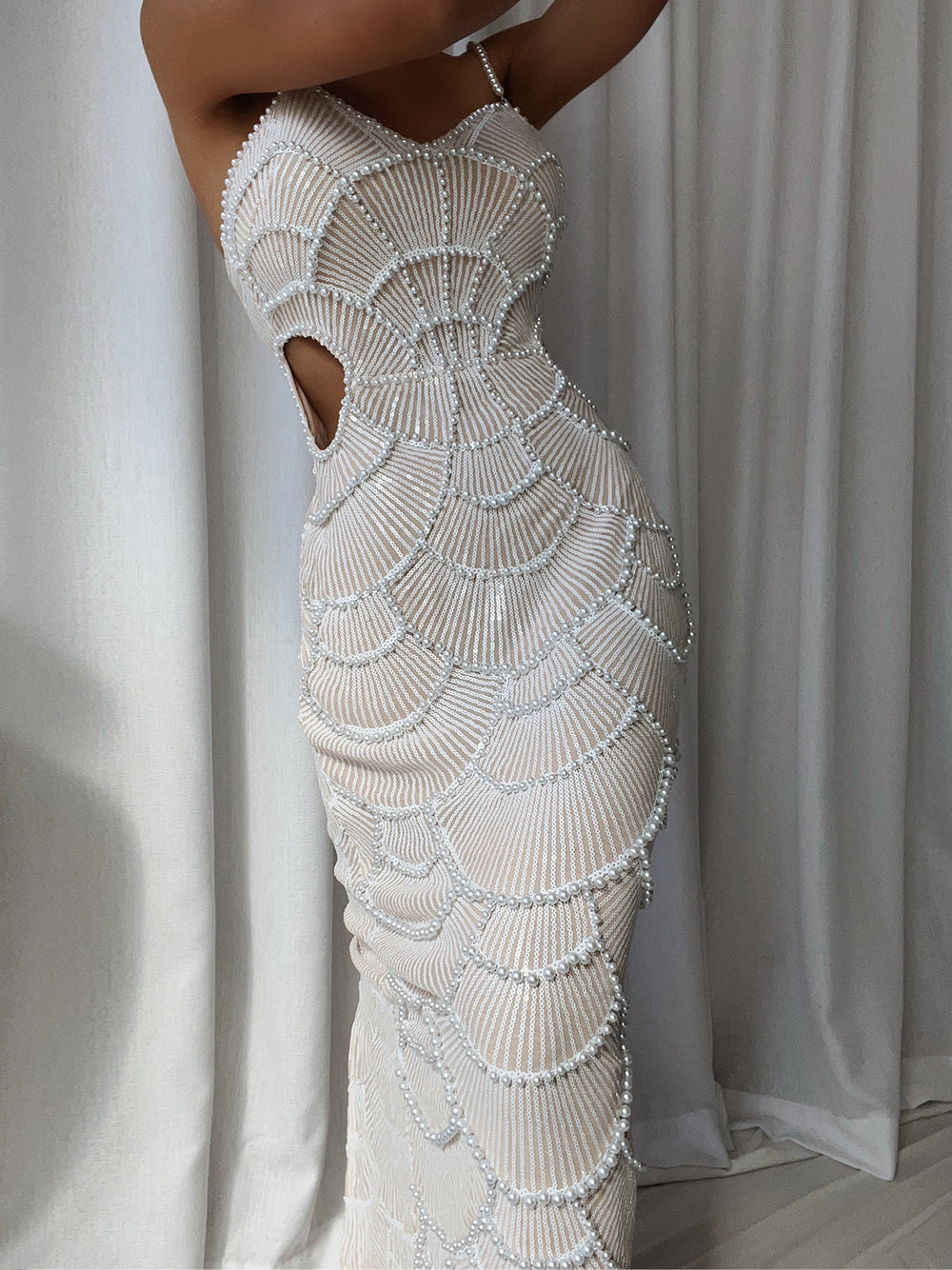 Sweetheart Neck Pearl Strap Sequin Embellished Side Cutout Bodycon Midi Dress 4