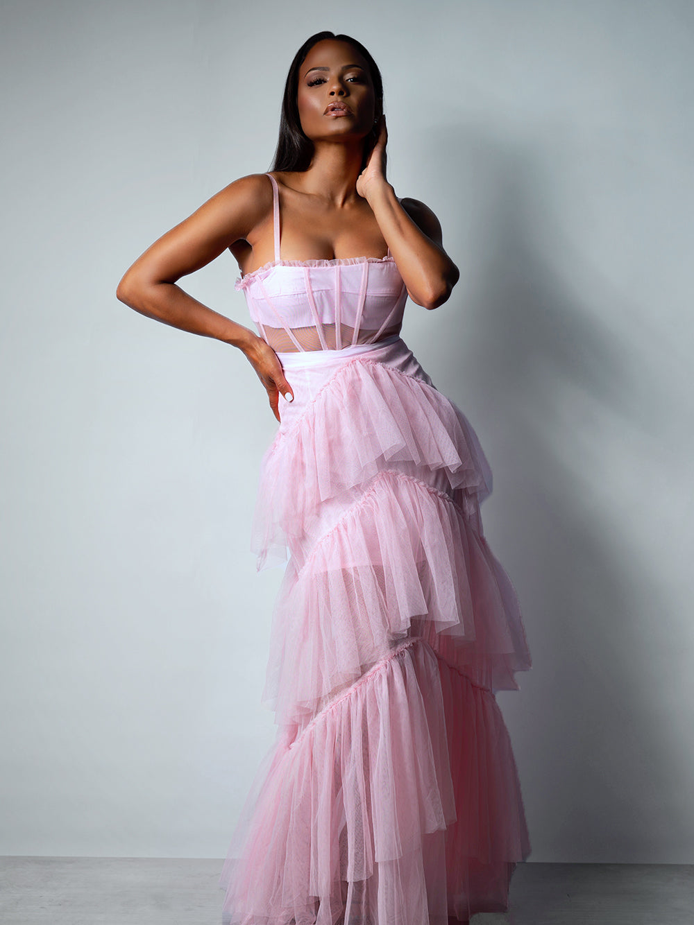 Spaghetti Strap High Waist Tulle Maxi Dress