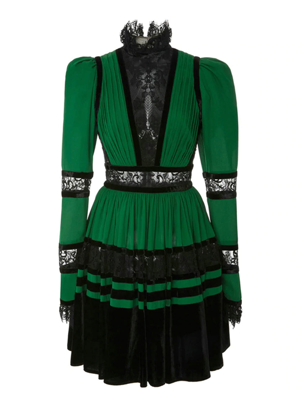 Mock Neck Lace Panel Velvet Band Pleated Tiered Gothic Mini Dress