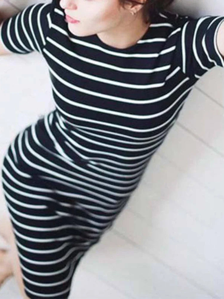 Horizontal Stripe Short Sleeve Crew Neck Ribbed Bodycon Midi Dress 2