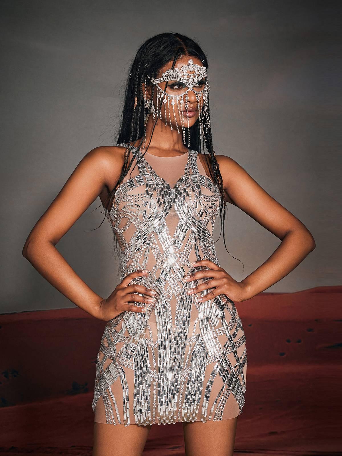 High Neck Mirror Rhinestone Beaded Mesh Embellished Mini Dress 5