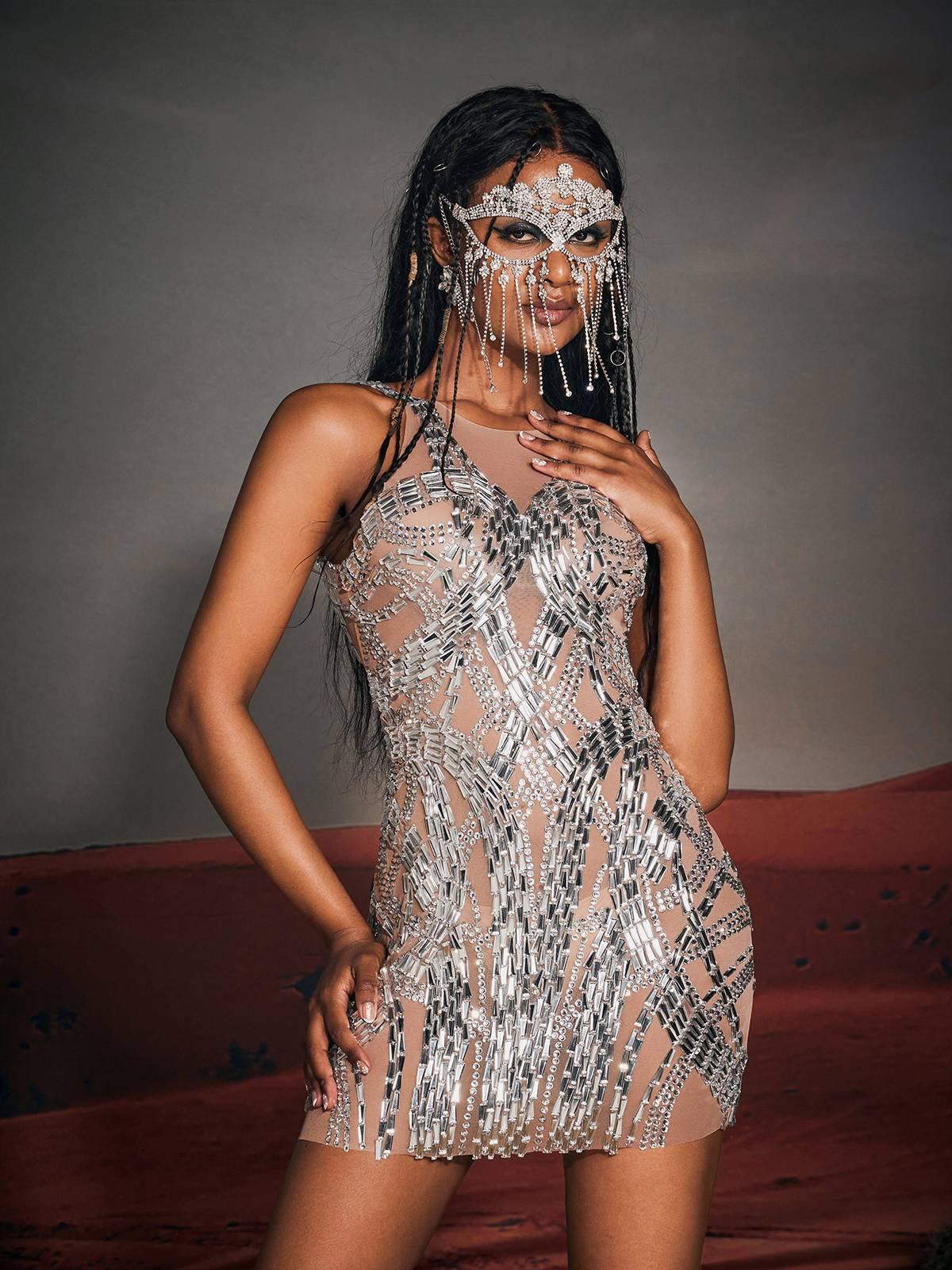 High Neck Mirror Rhinestone Beaded Mesh Embellished Mini Dress 2