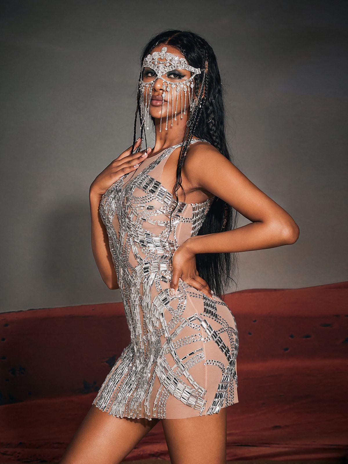 High Neck Mirror Rhinestone Beaded Mesh Embellished Mini Dress 4
