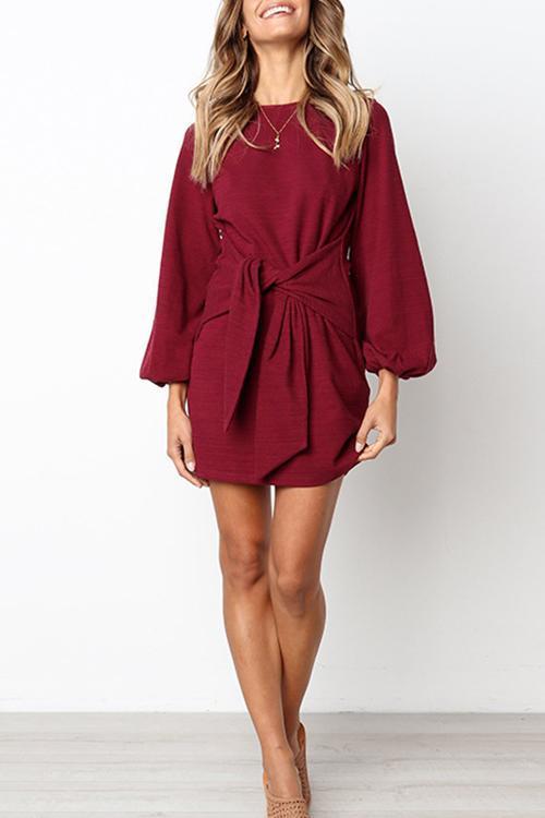 Lace-up Round Neck Sexy Hip Long-sleeved Dress