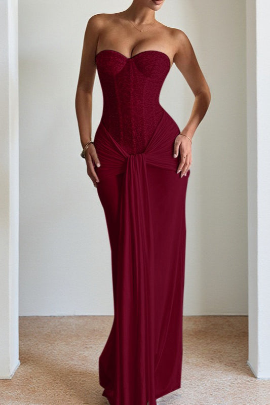 Sequin Strapless Corset Sweetheart Draped Knot Waist Formal Maxi Gown 9