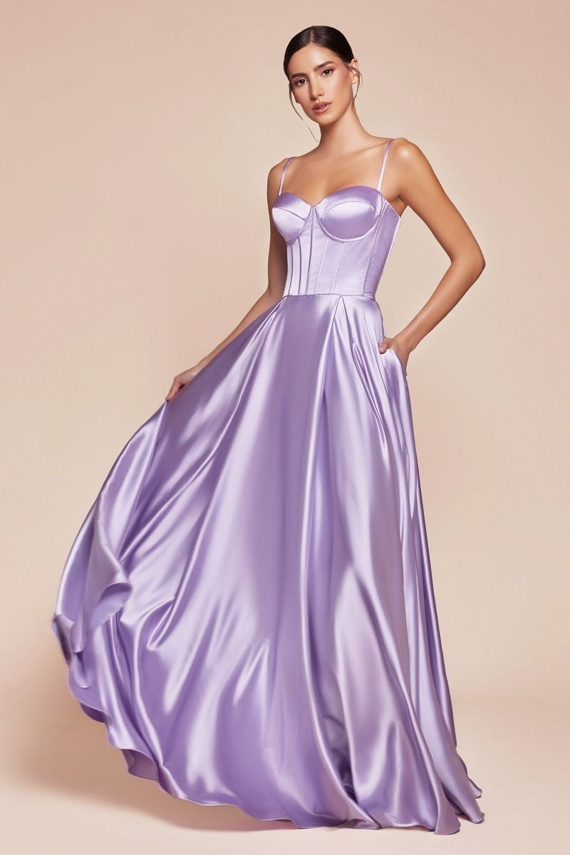 Satin Corset Sweetheart Neck Spaghetti Strap High Slit Maxi Gown 3