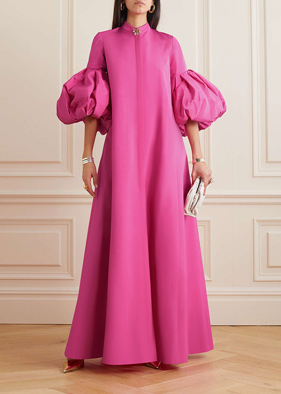 Mandarin Collar Jeweled Brooch Balloon Sleeve Concealed Placket Gown