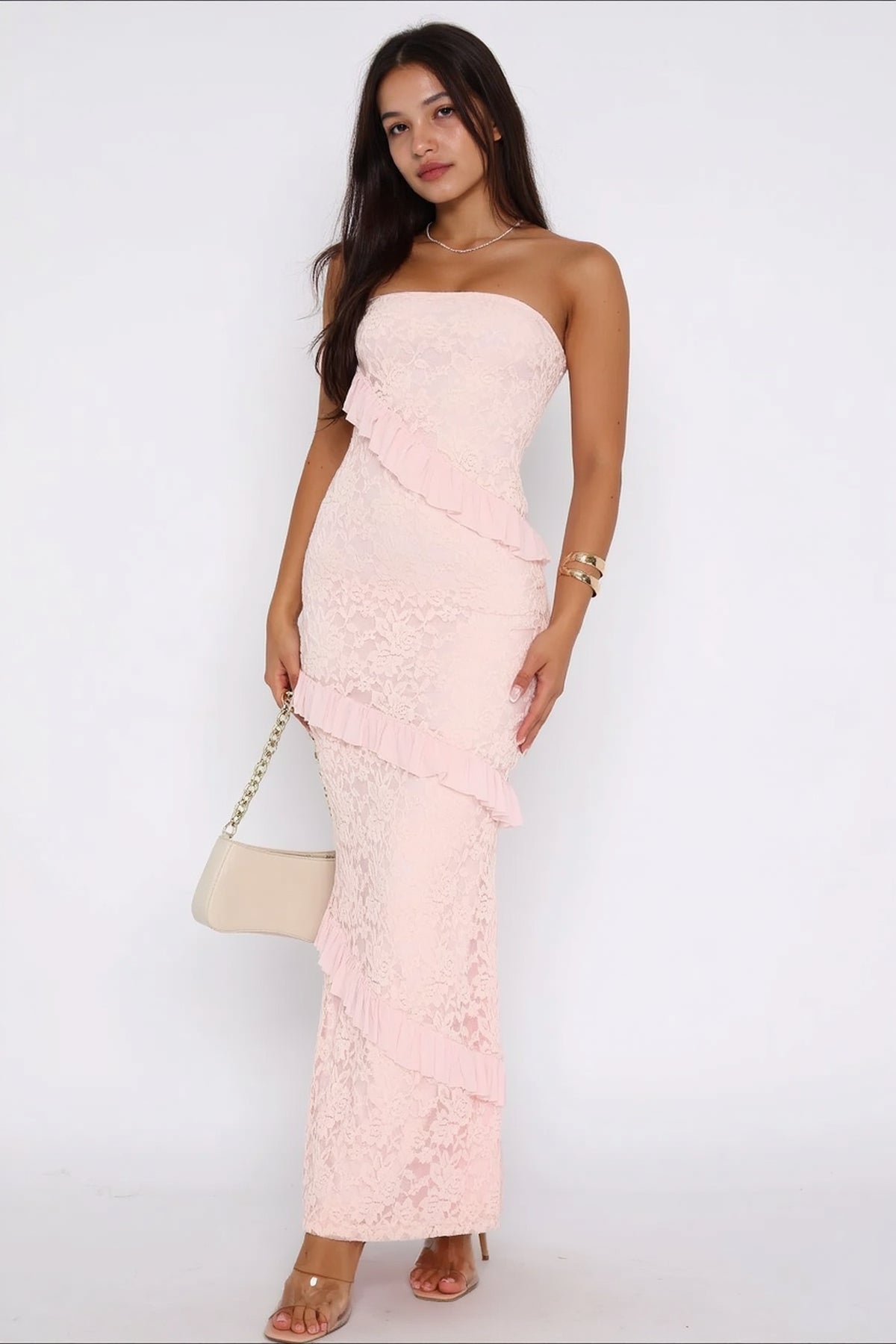 Strapless Diagonal Ruffle Overlay Floral Lace Bodycon Midi Dress 2