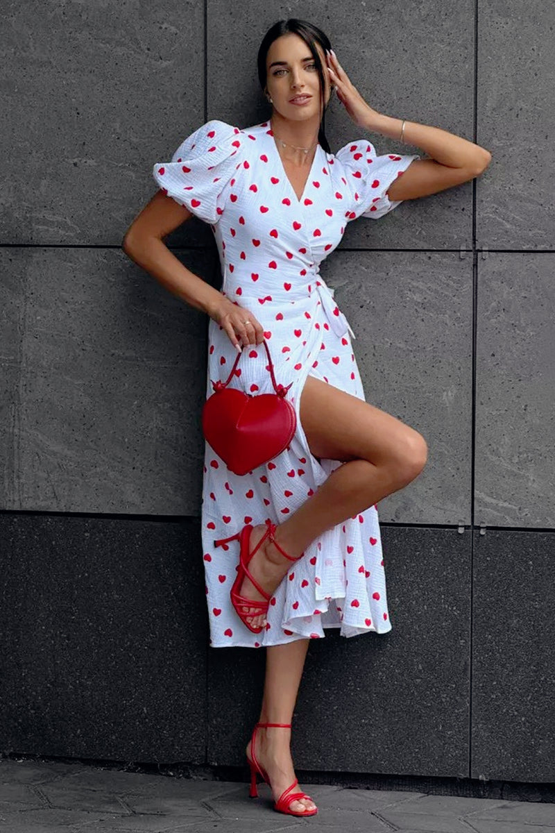 Puff Sleeve Heart Print Wrap Tie Waist Thigh Slit Midi Dress 3