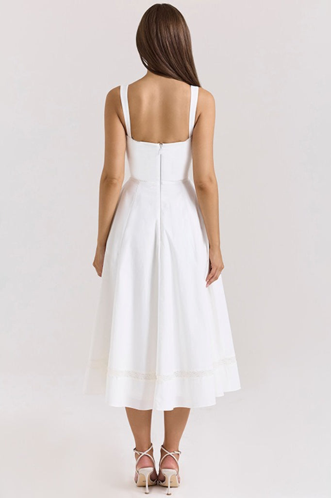 Lace Trim Corset Bodice Wide Strap Fit and Flare Midi Dress 5