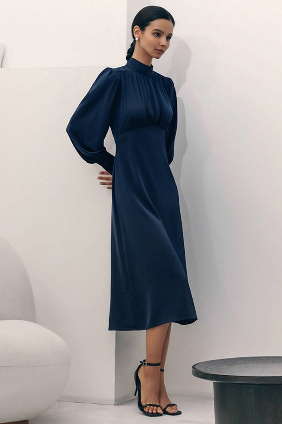 Mock Neck Bishop Sleeve Gathered Bodice High Waist A-Line Midi Dress 4