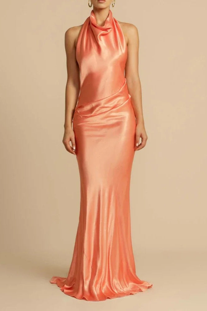 Satin Halter Neck Cowl Draped Bias Cut Trumpet Maxi Gown 2