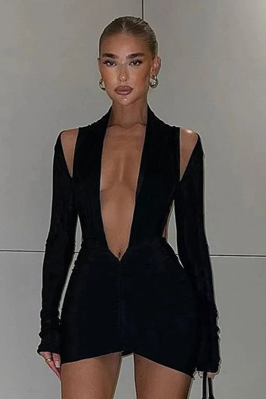 Cold Shoulder Deep V-Neck Long Sleeve Bodycon Mini Dress