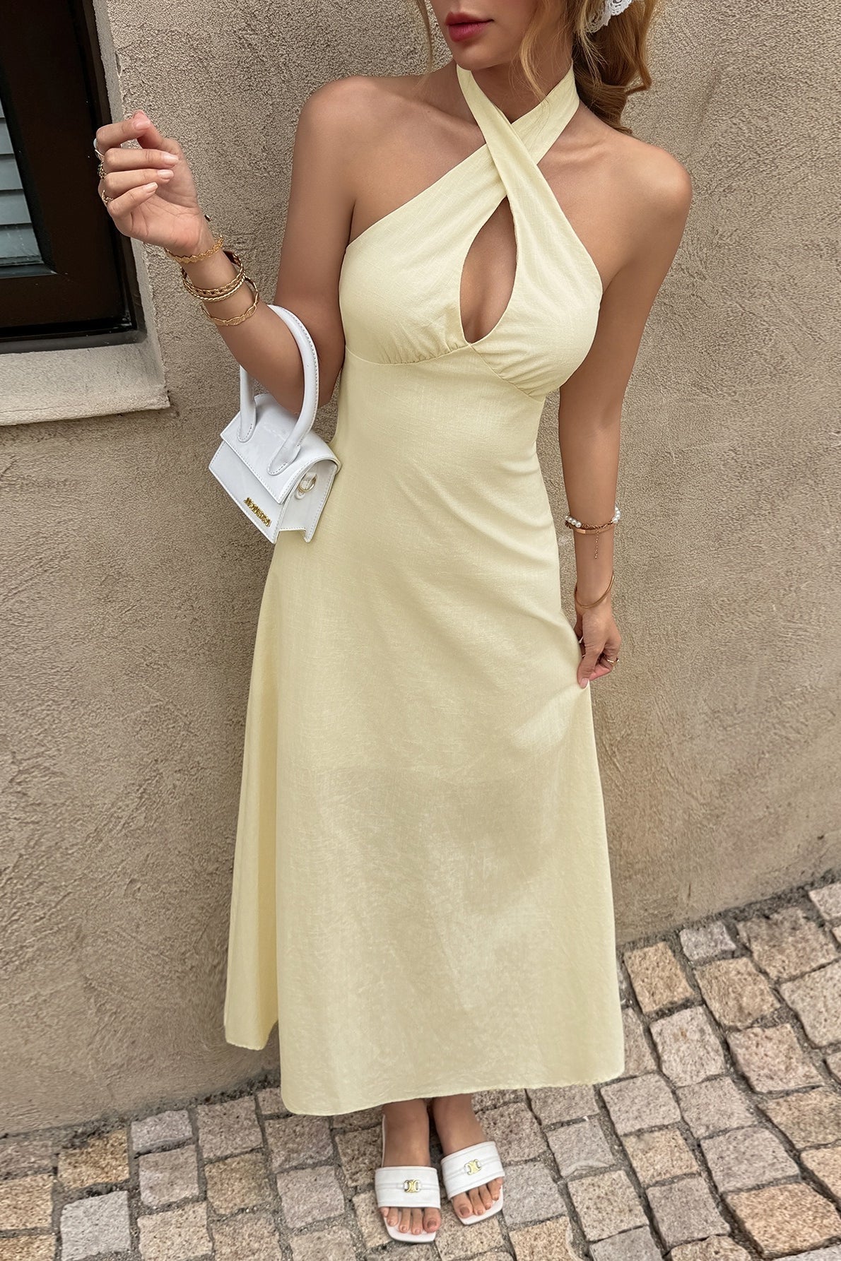Beige Crisscross Halter Keyhole Ruched Waist A Line Midi Dress 4