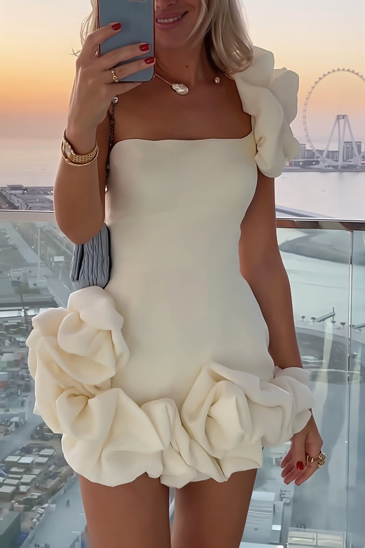 One-Shoulder Sculptural Petal Ruffle Tiered Bodycon Mini Dress 4
