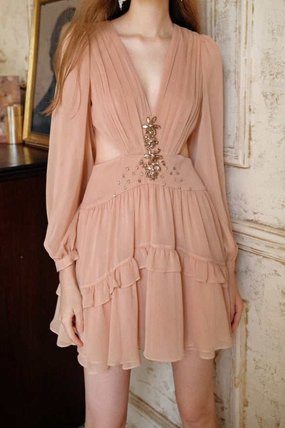 Rhinestone Deep V-Neck Bishop Sleeve Cut Out Waist Tiered Chiffon Mini Dress