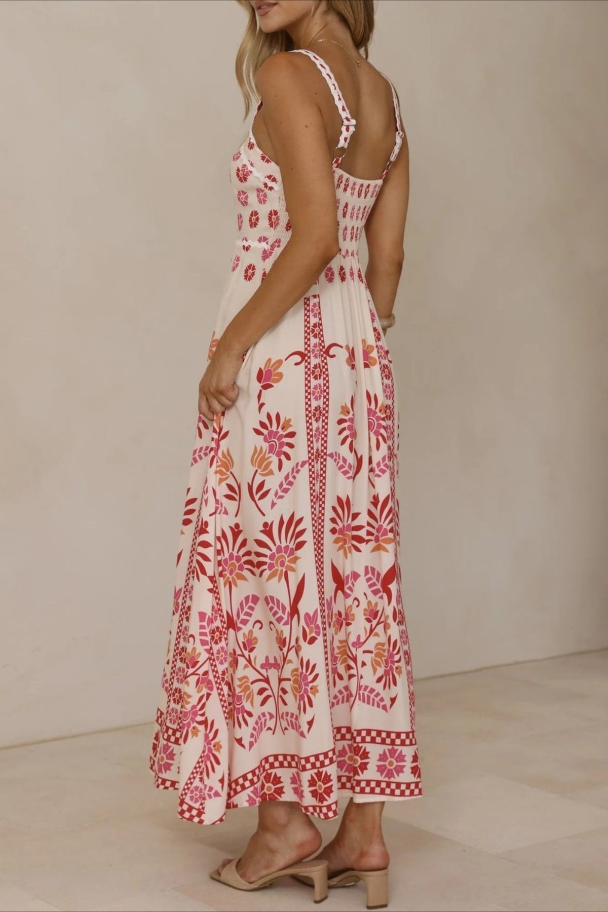 Scalloped Trim Square Neck Panel Print Border Hem Maxi Dress 2
