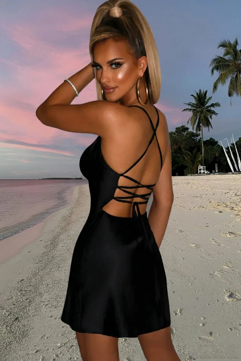Satin Cowl Neck Spaghetti Strap Slip Mini Dress 3