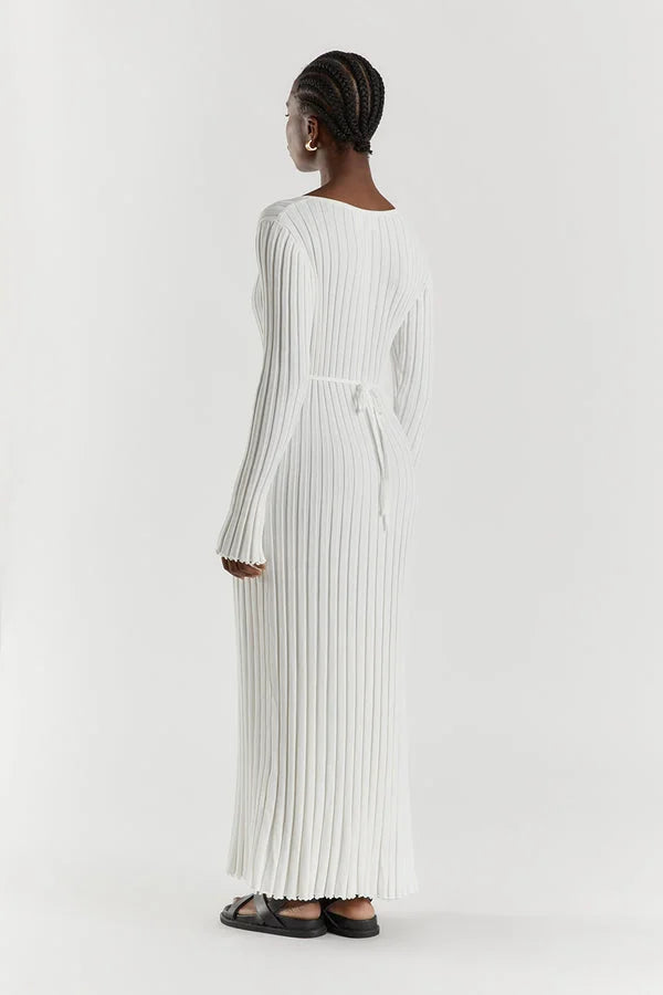 Rib Knit Deep V-Neck Long Sleeve Lettuce Hem Column Maxi Dress 4