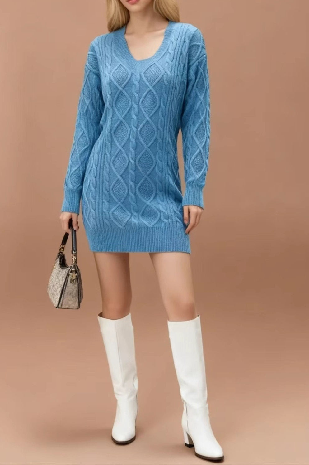 Cable Knit Diamond Pattern V-Neck Long Sleeve Sweater Mini Dress 3