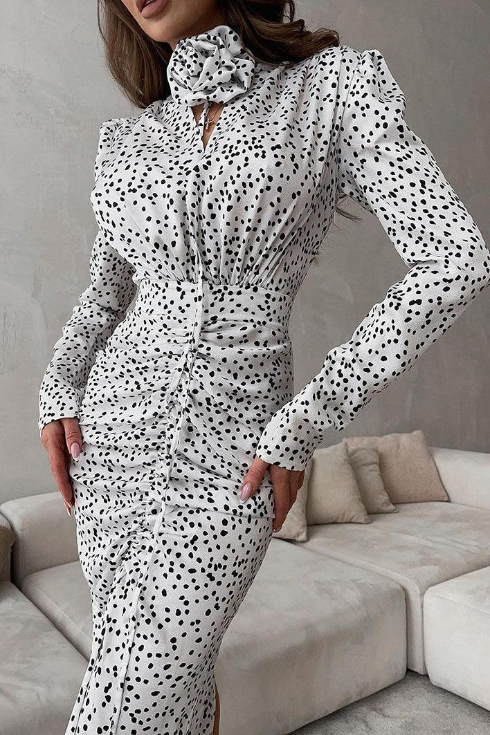 Polka Dot Puff Sleeve V-Neck Rosette Applique Ruched Maxi Dress 2