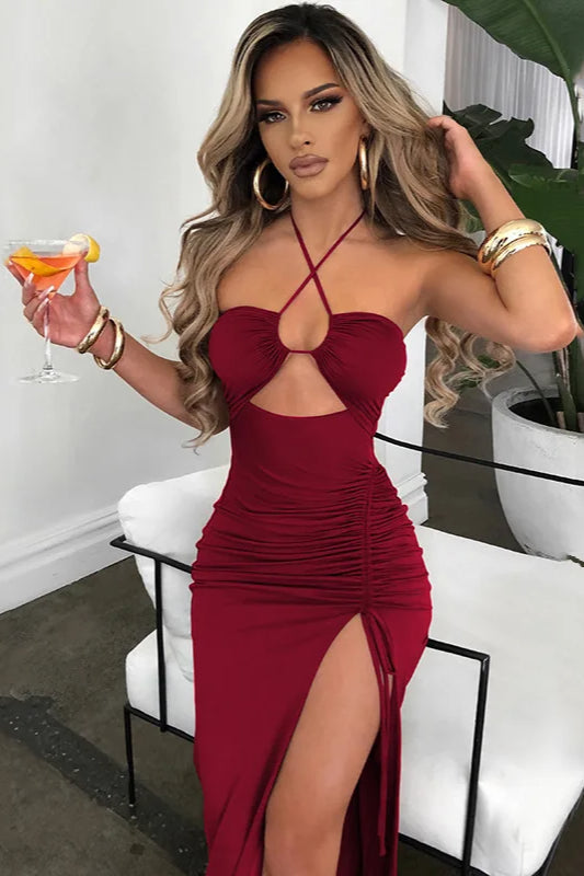 Halter Crossover Cutout Midriff Ruched Drawstring Side Slit Bodycon Midi Dress 7