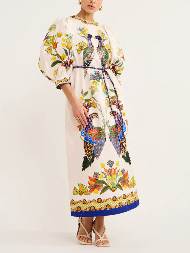 Bird Print Puff Sleeve Round Neck Tie-Waist Border Trim Midi Dress 2
