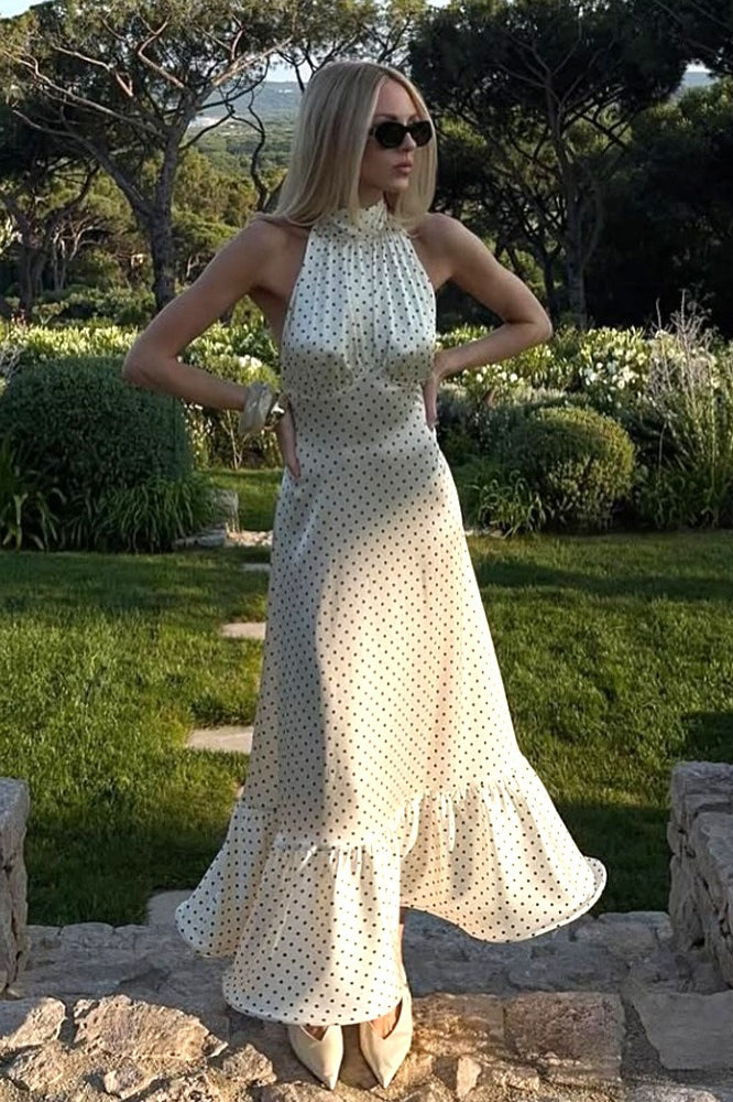 Polka Dot Halter Back Sash Tie Ruffle Hem Backless Satin Maxi Dress 2