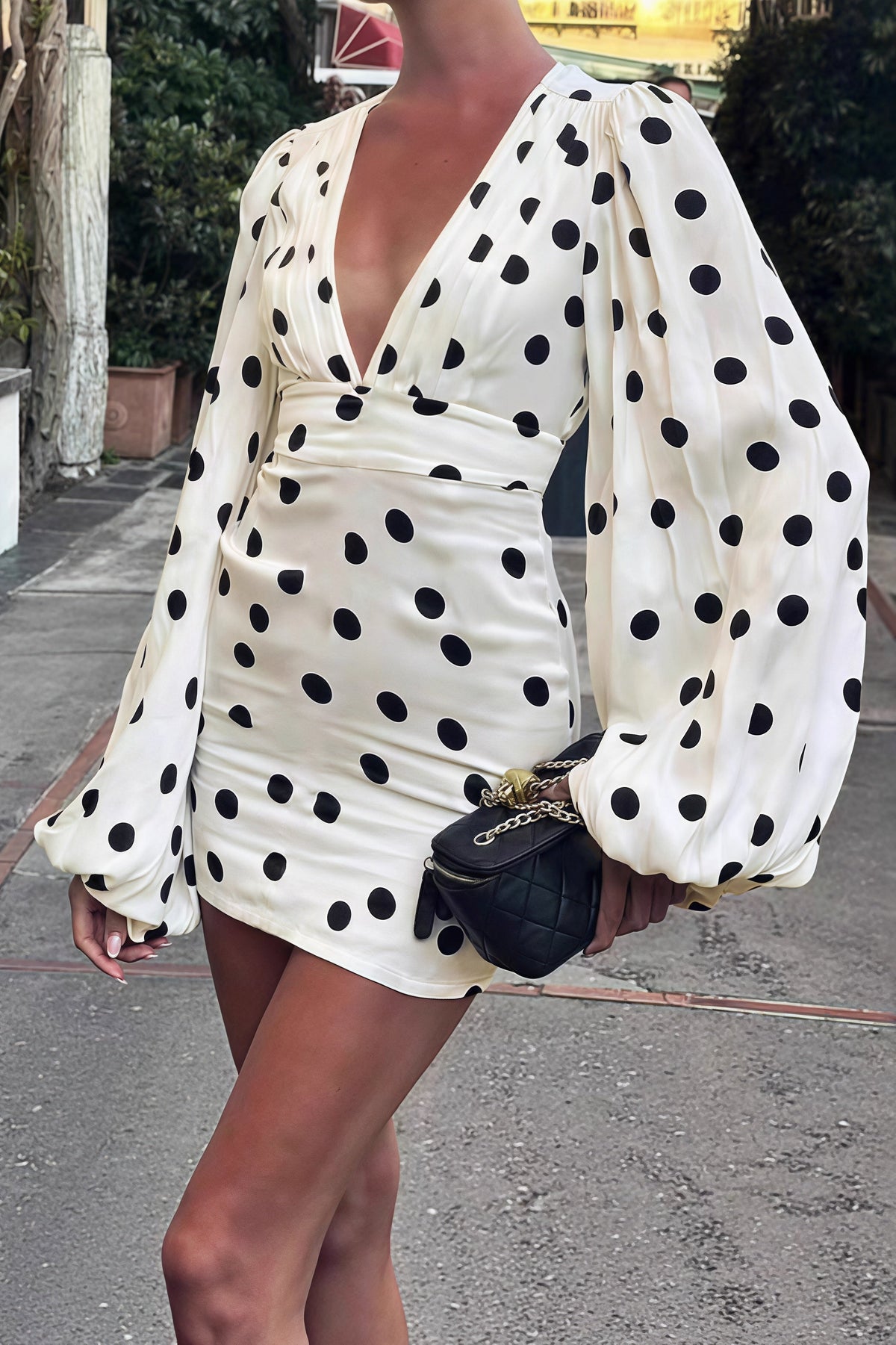 Polka Dot Deep V-Neck Balloon Sleeve Cinched Waistband Bodycon Mini Dress 2