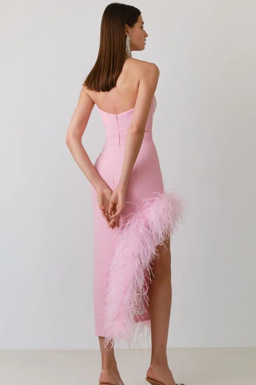 Feather Trim Corset-Boned Sweetheart Strapless High Slit Bodycon Midi Dress 3