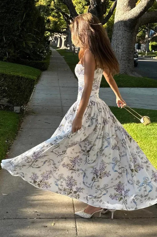 Square Neck Corset Bodice Dropped Waist Floral Ribbon Print Maxi Dress 6