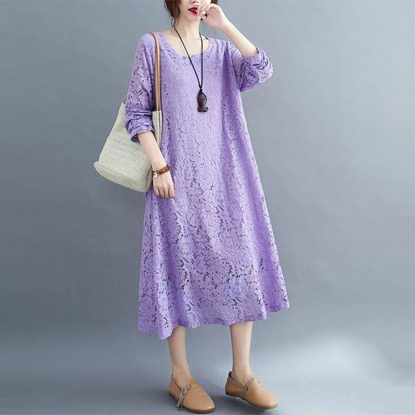 Round Neck Three Quarter Sleeve Floral Lace Overlay Shift Midi Dress 3