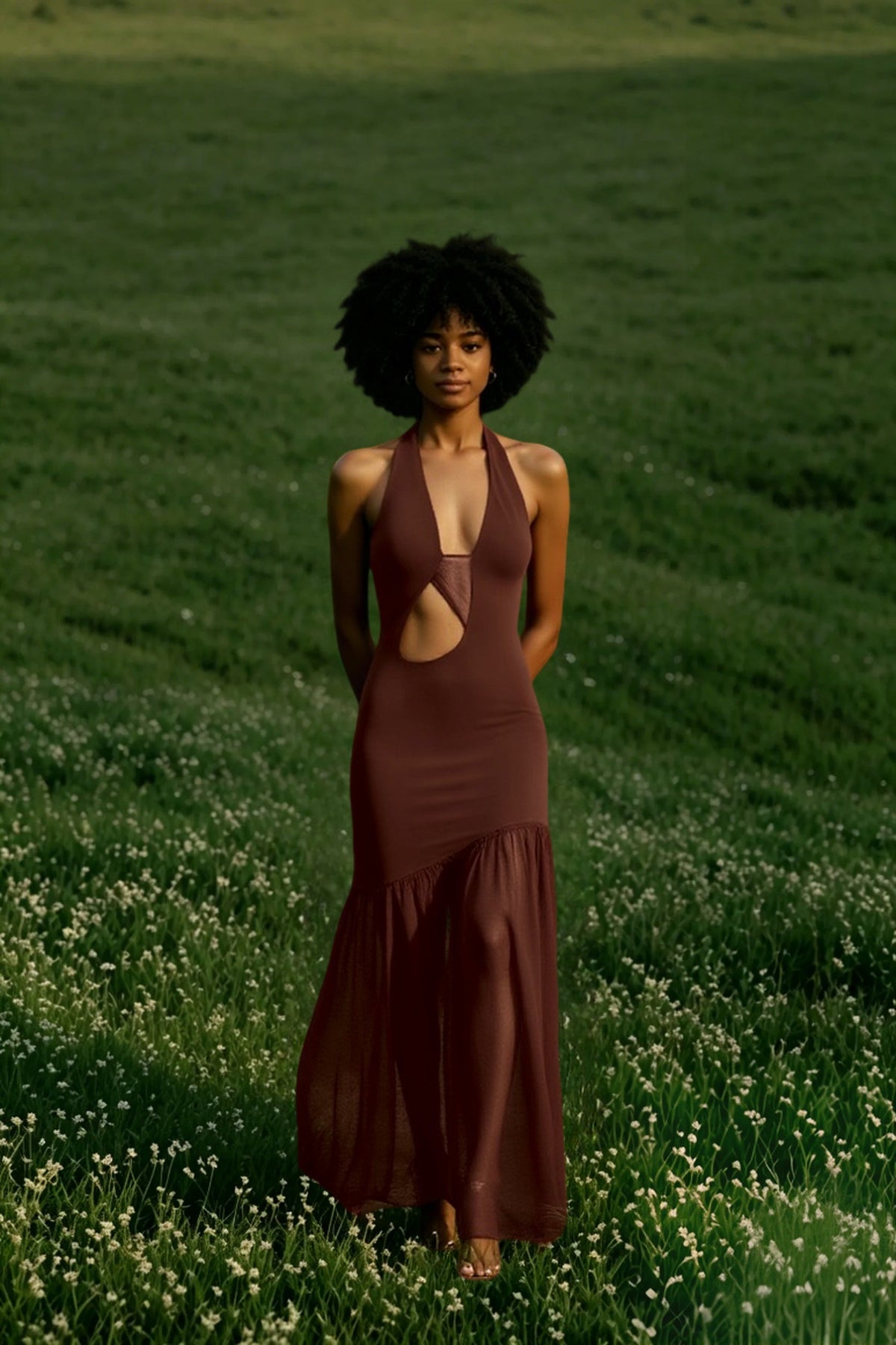 Halter Plunging V Side Cutout Mesh Ruched Maxi Dress